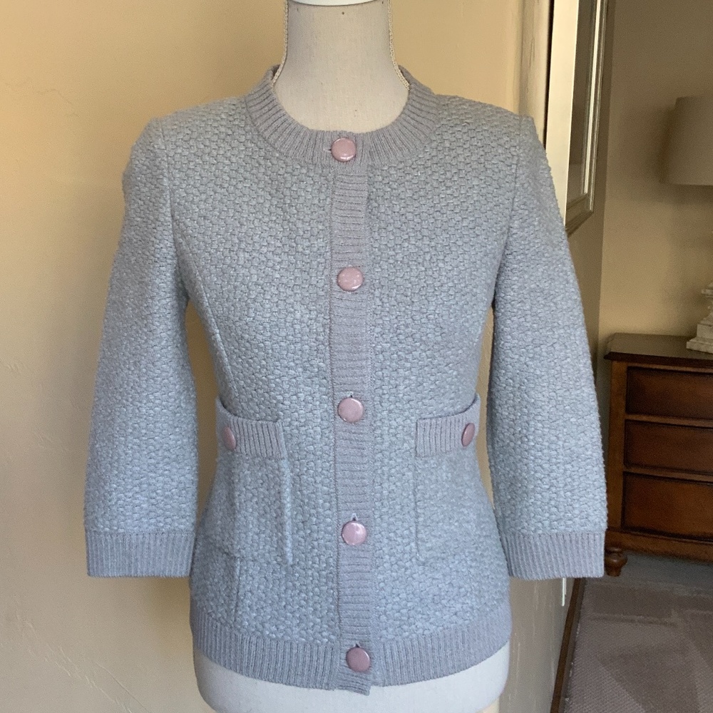 St John Caviar Grey Sweater Jacket w/ Pink Buttons